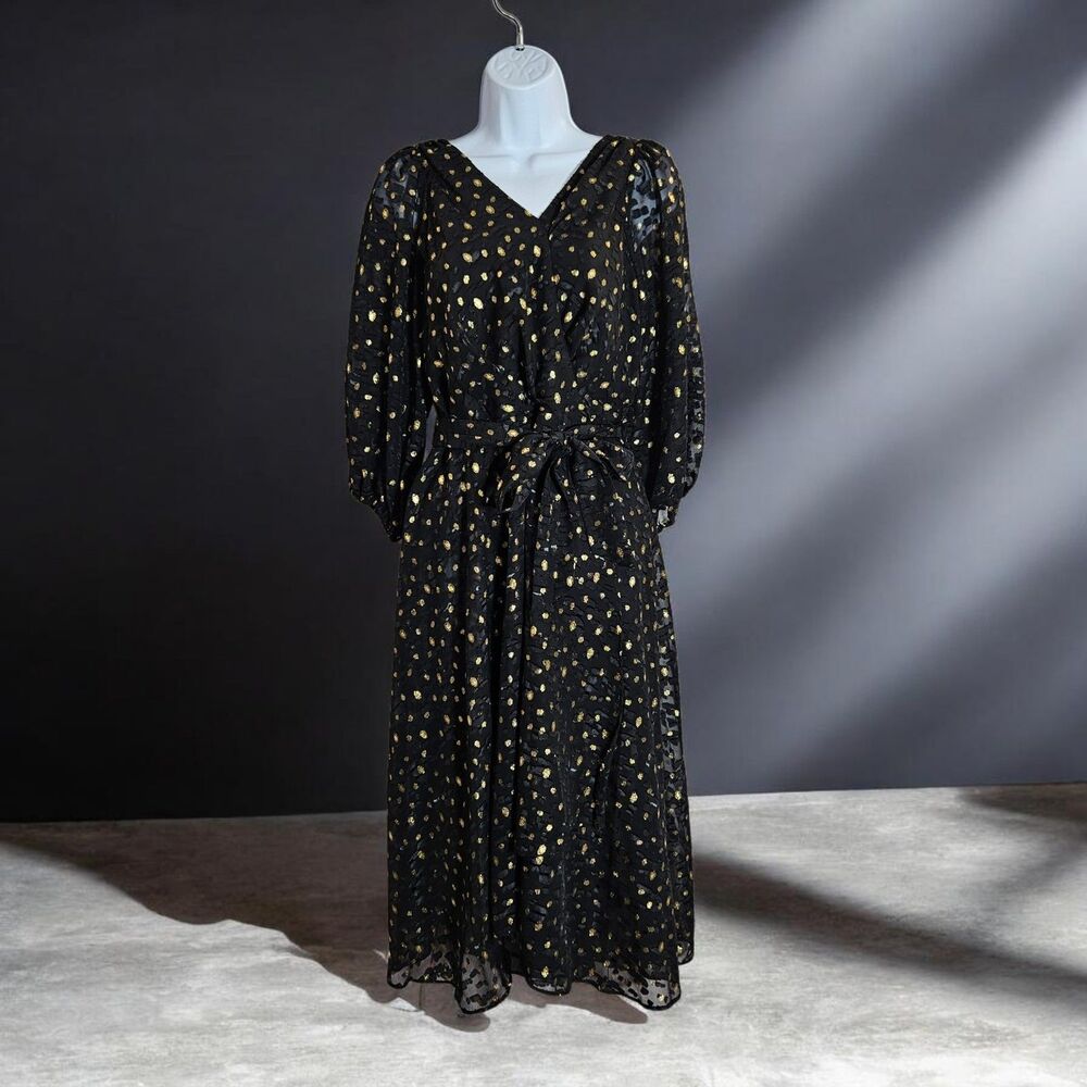 DKNY Womens Dress Size 8 Fit & Flare Black Gold Metallic Polka Dot V Neck Boho